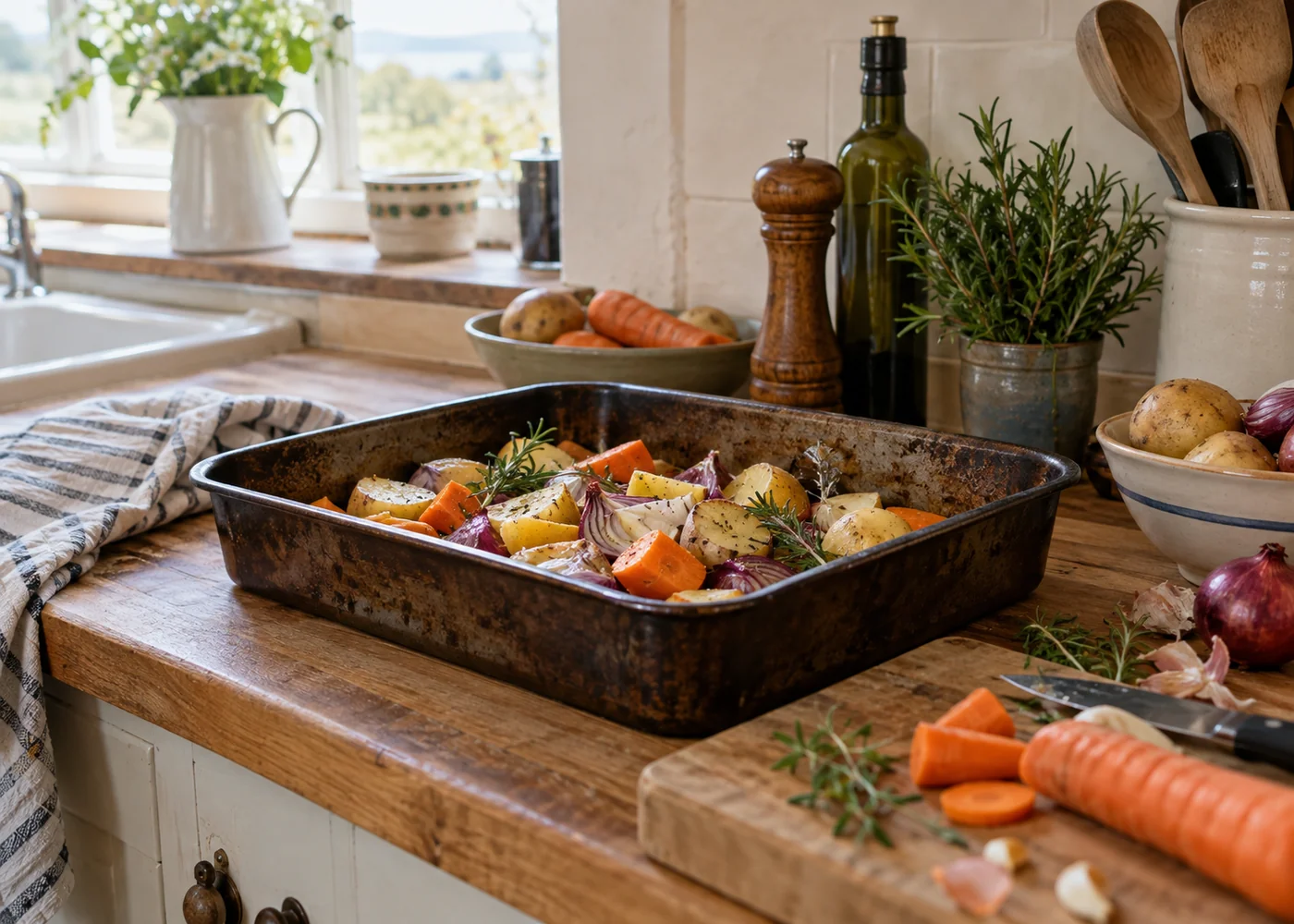 Roasting tin and vegetables on a country kitchen counter.