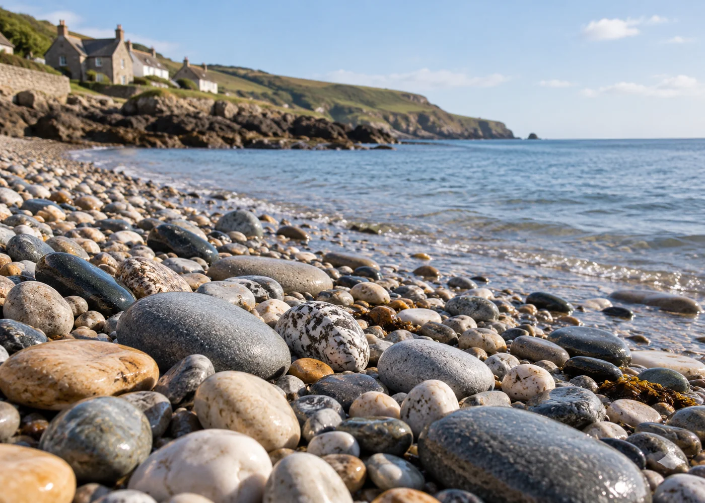 Smooth beach pebbles beside calm sea water.