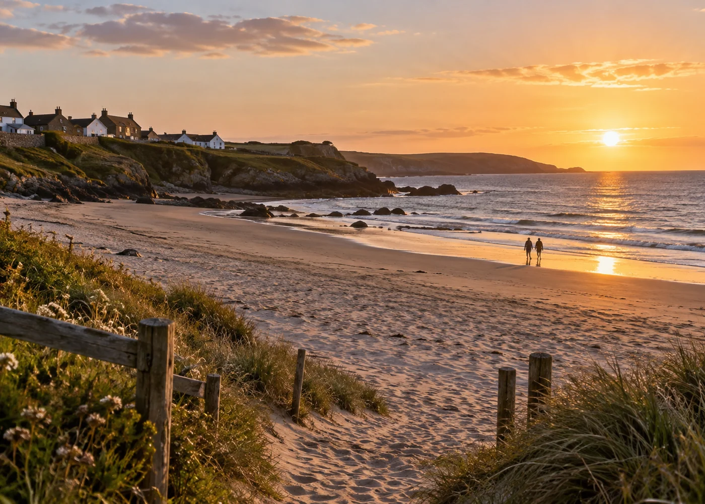 Quiet sandy beach in warm evening light.