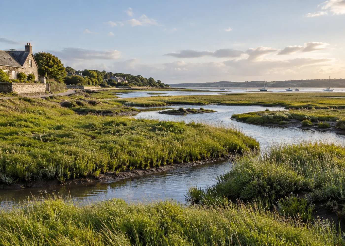 Coastal saltmarsh channels and green grasses.