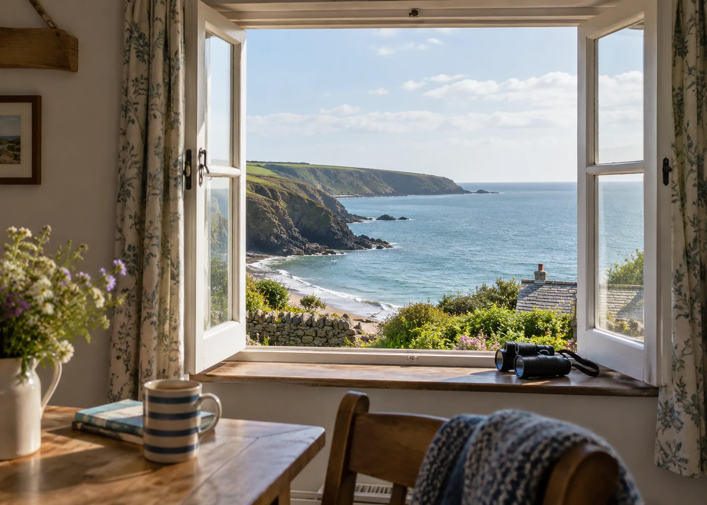 Sea visible through an open coastal cottage window.