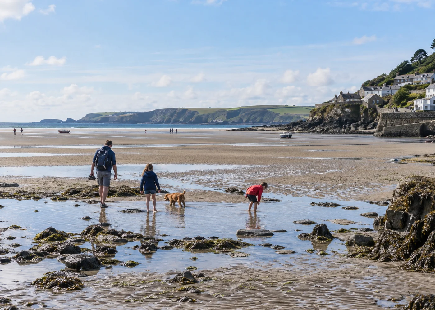Broad beach with shallow water and exposed sand at low tide.