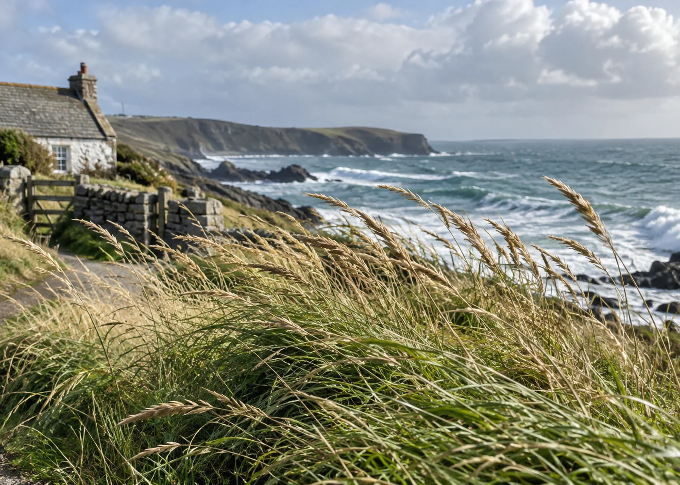 Wind-blown coastal grasses with sea in the background.