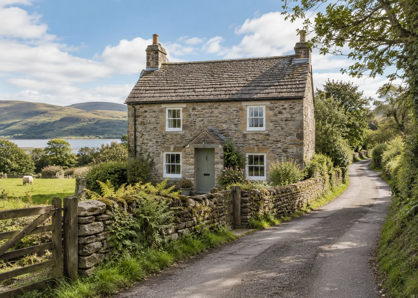 Isolated stone cottage beside a narrow countryside lane.