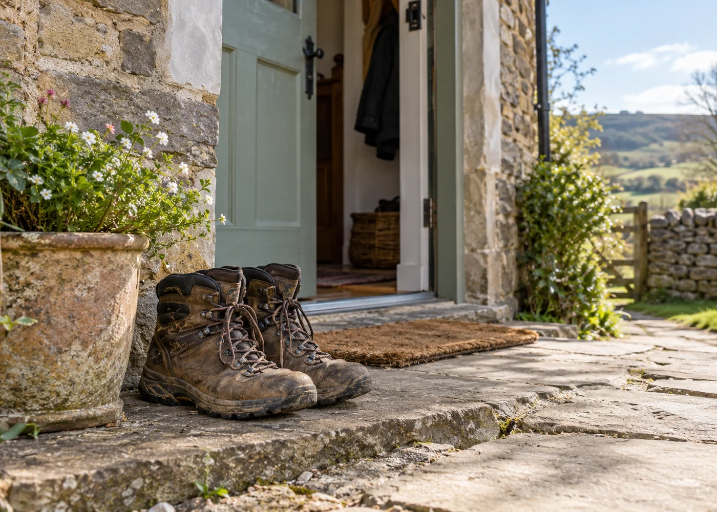 Walking boots beside the front door of a rural cottage.