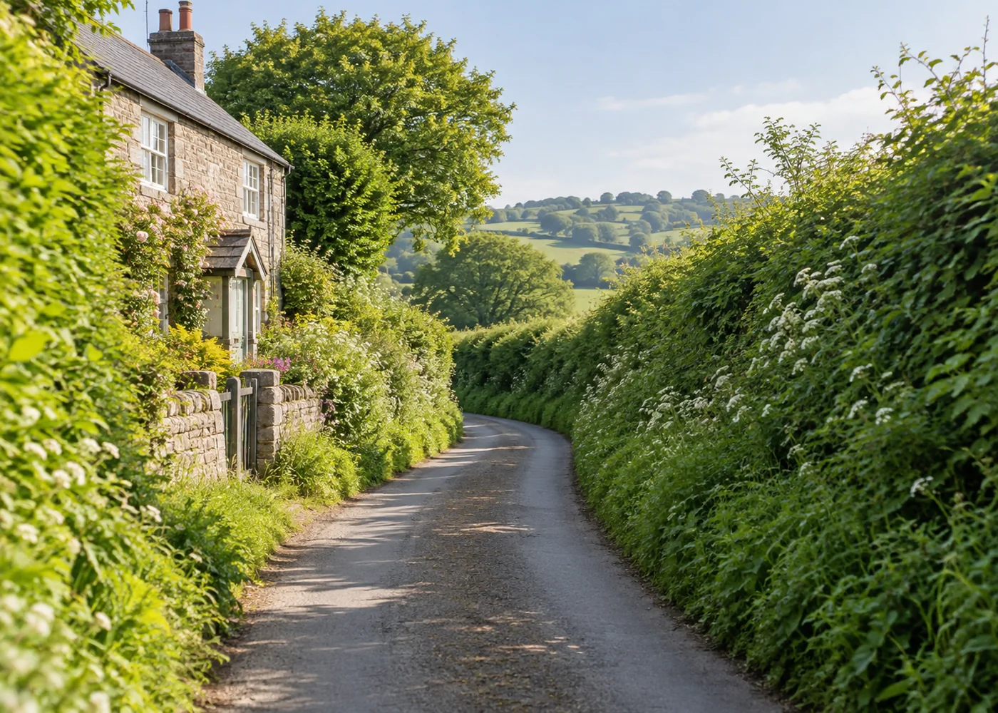 Country lane enclosed by thick green hedgerows.