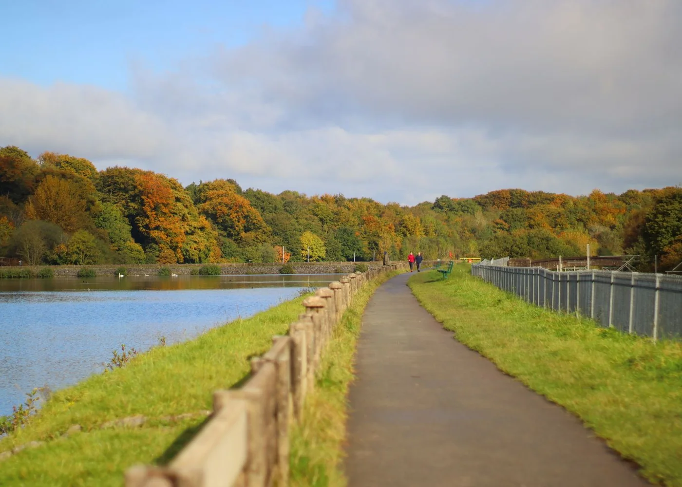 A lakeside path with a railing and autumn trees.