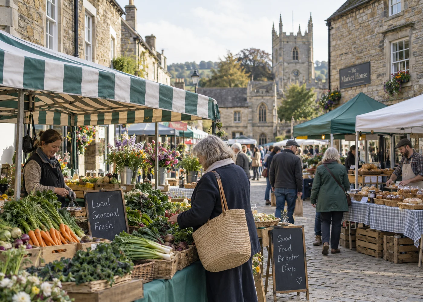Outdoor produce market stalls in a British market town.