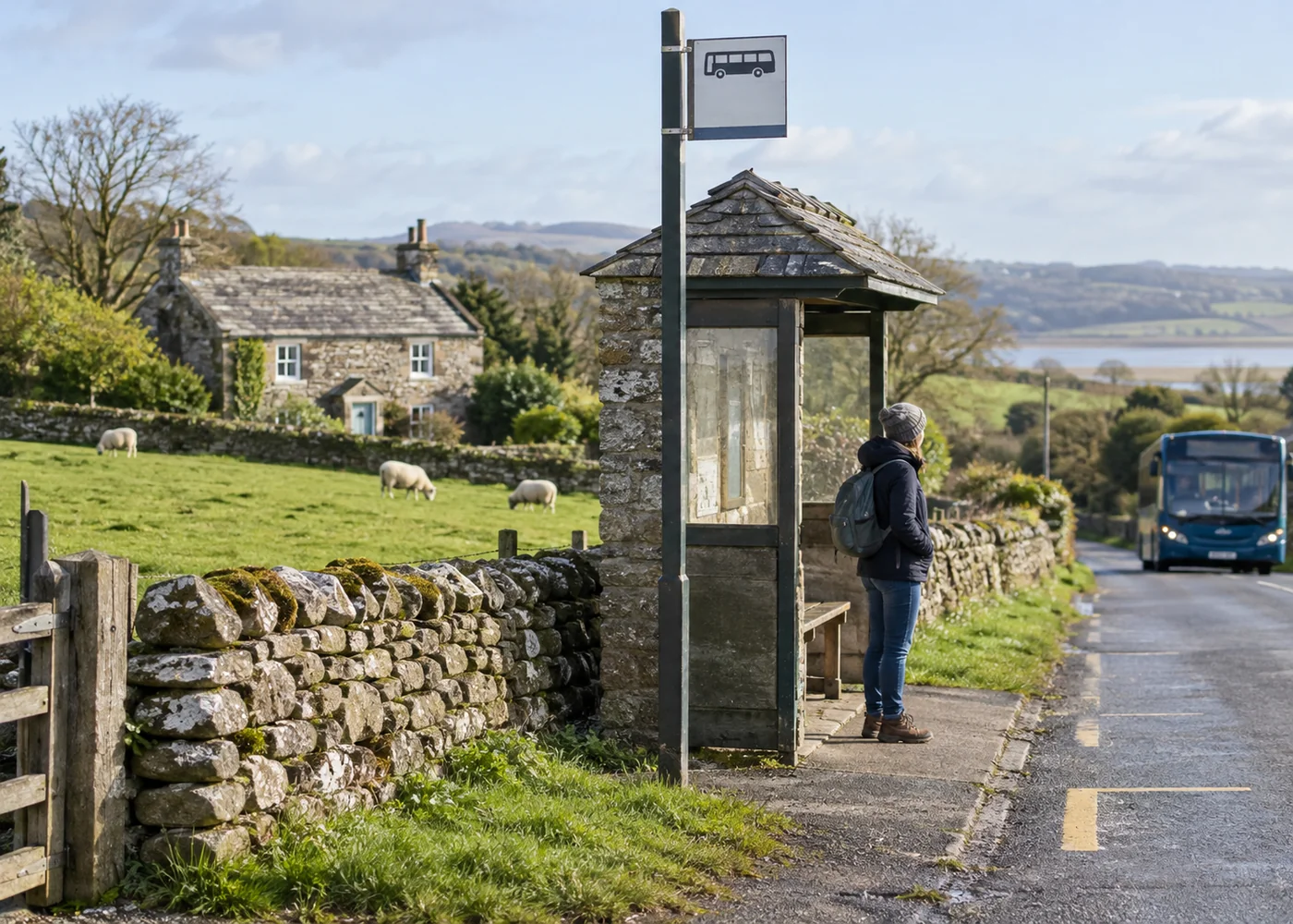 Rural bus stop beside a stone wall and green fields.