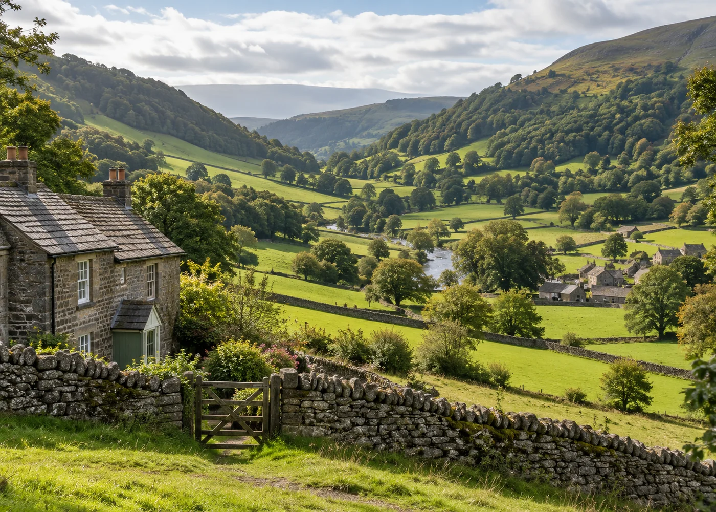 Green British valley with stone walls and wooded hills.