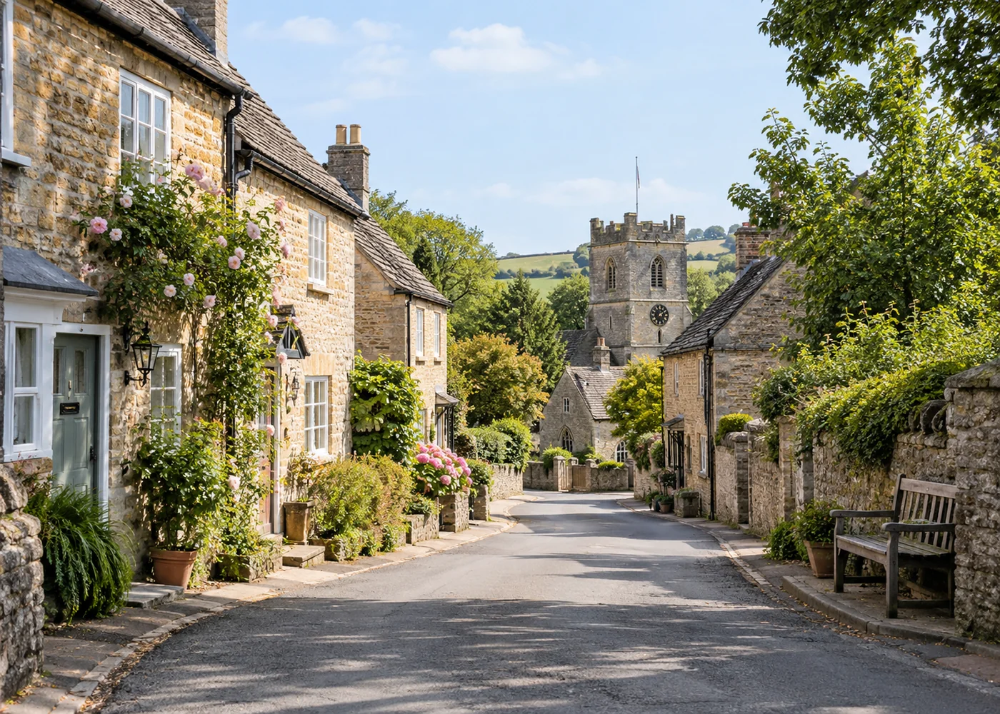 Quiet British village street on a bright weekday morning.
