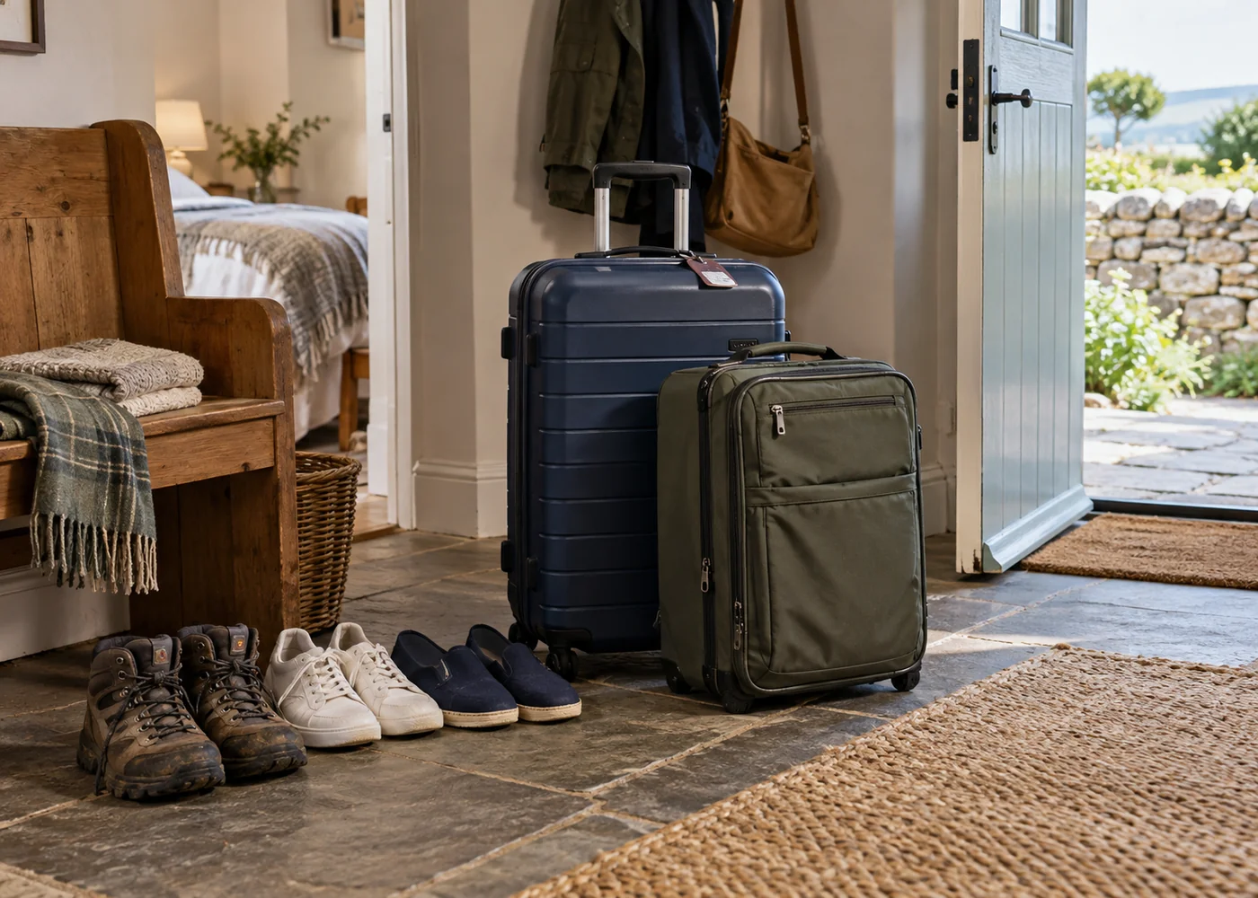 Packed suitcases beside neatly arranged shoes.