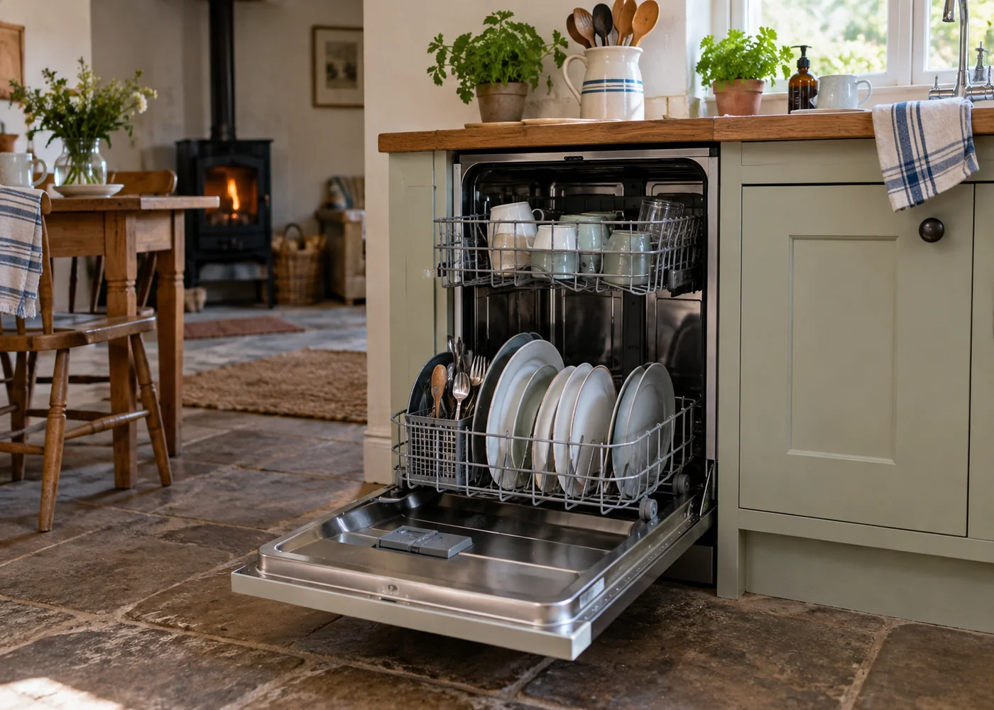 Open compact dishwasher with plates on its racks.