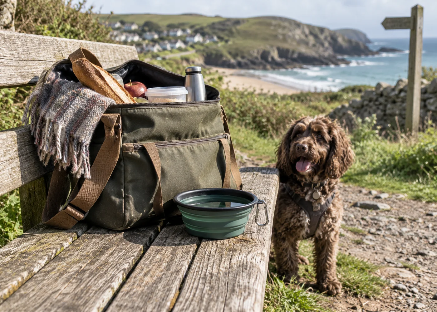 Picnic bag and dog water bowl on a bench.