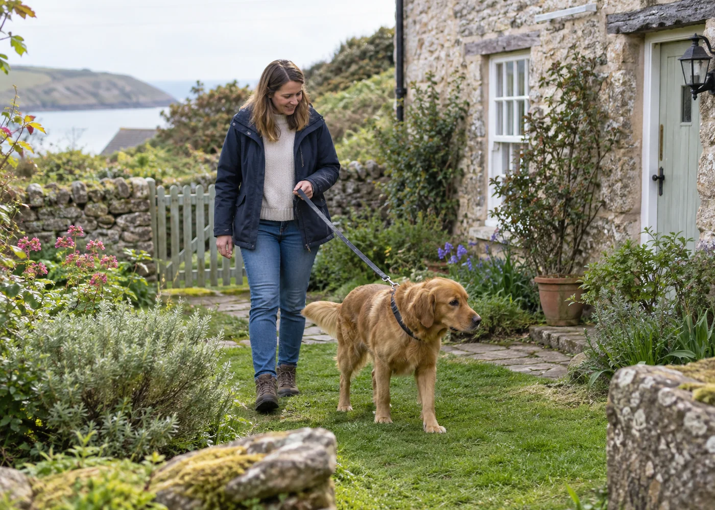Dog on lead in a cottage garden.