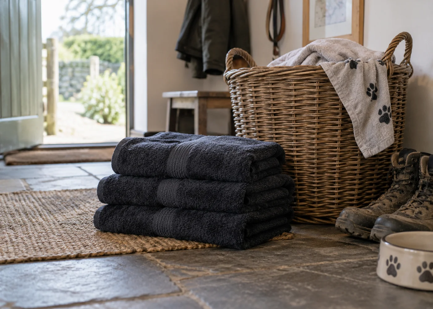 Folded dark towels beside a wicker laundry basket.