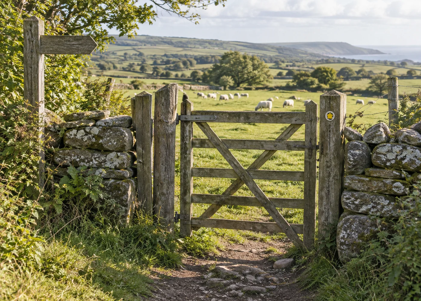 Public footpath gate overlooking distant sheep.