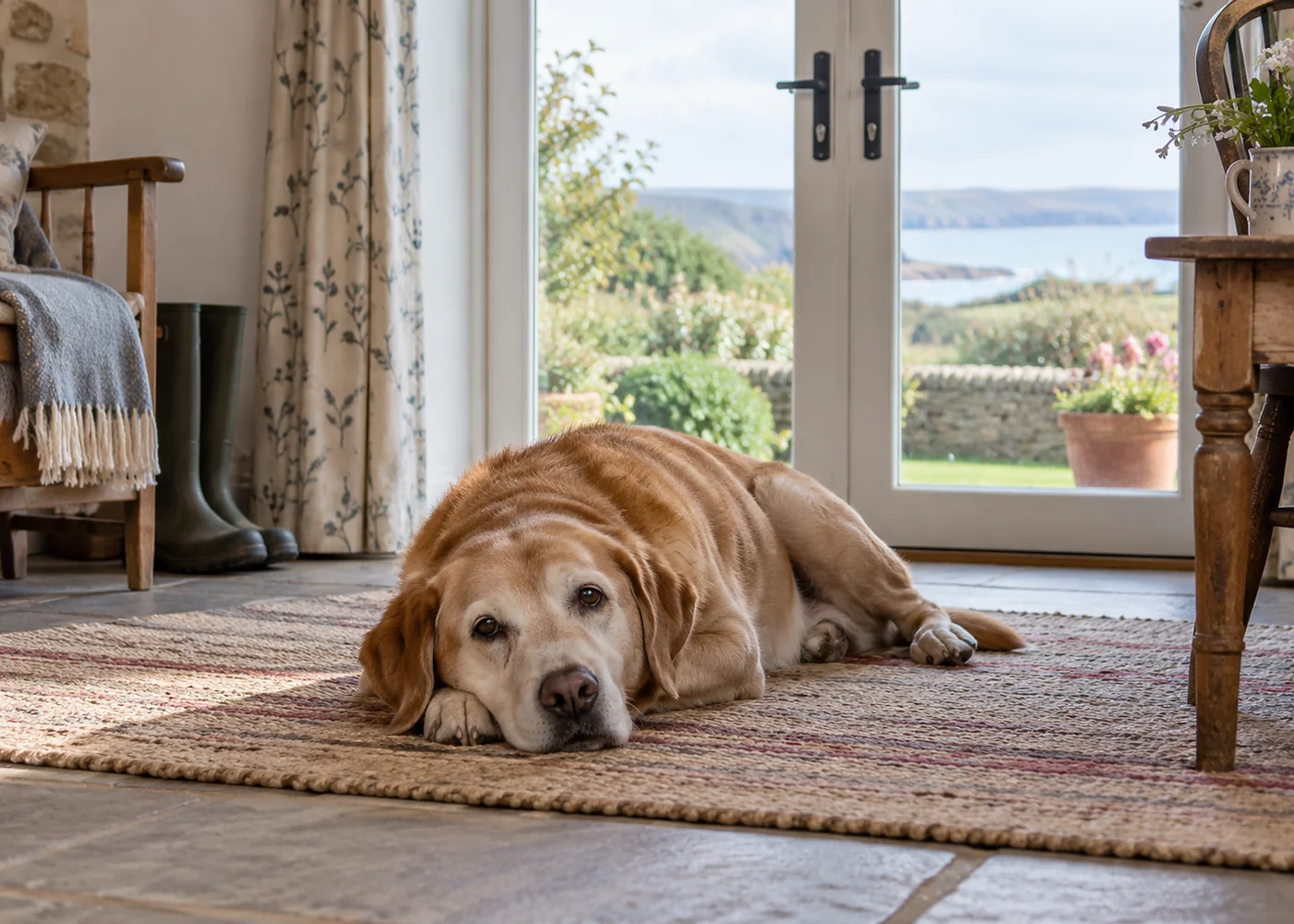 Older dog resting on a rug near French doors.
