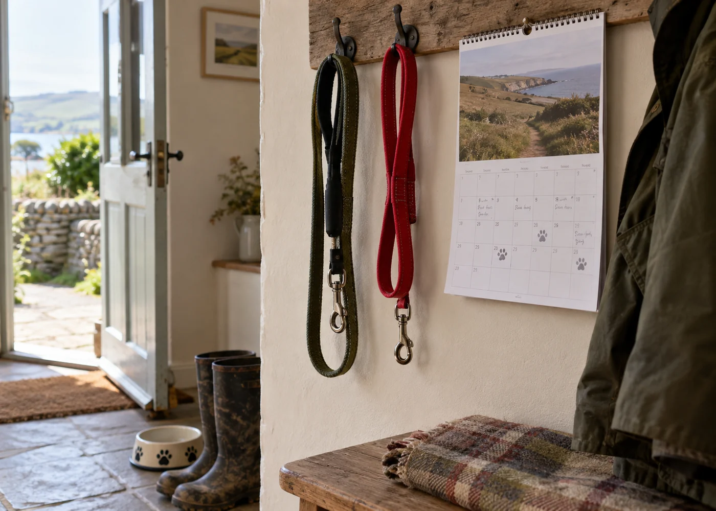 Two dog leads hanging beside a paper calendar.