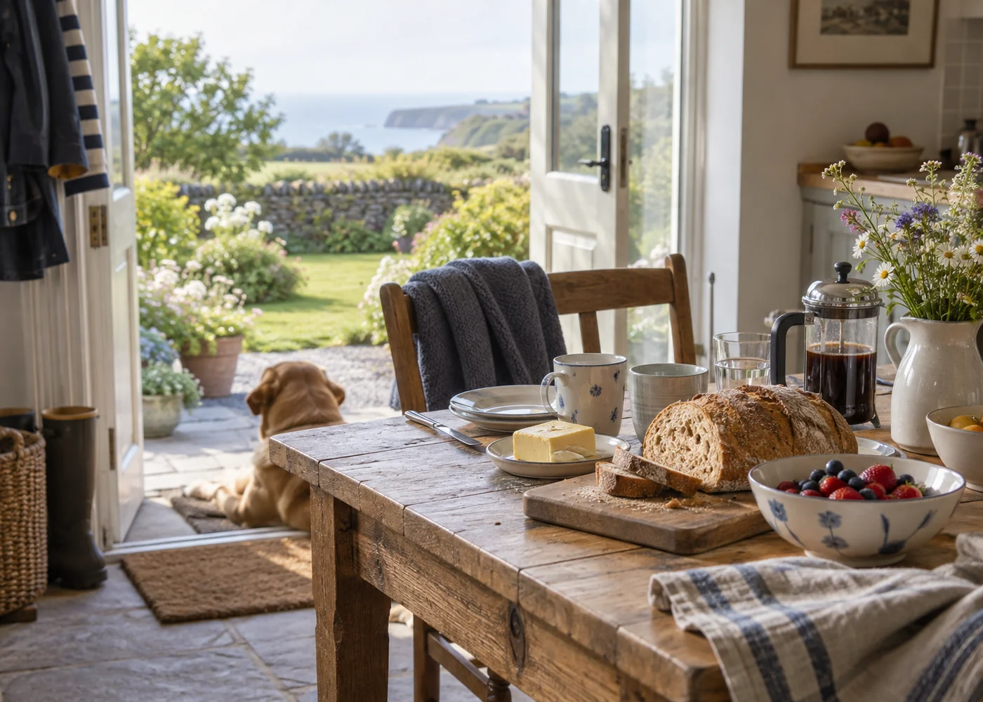 Breakfast dishes beside an open garden door.