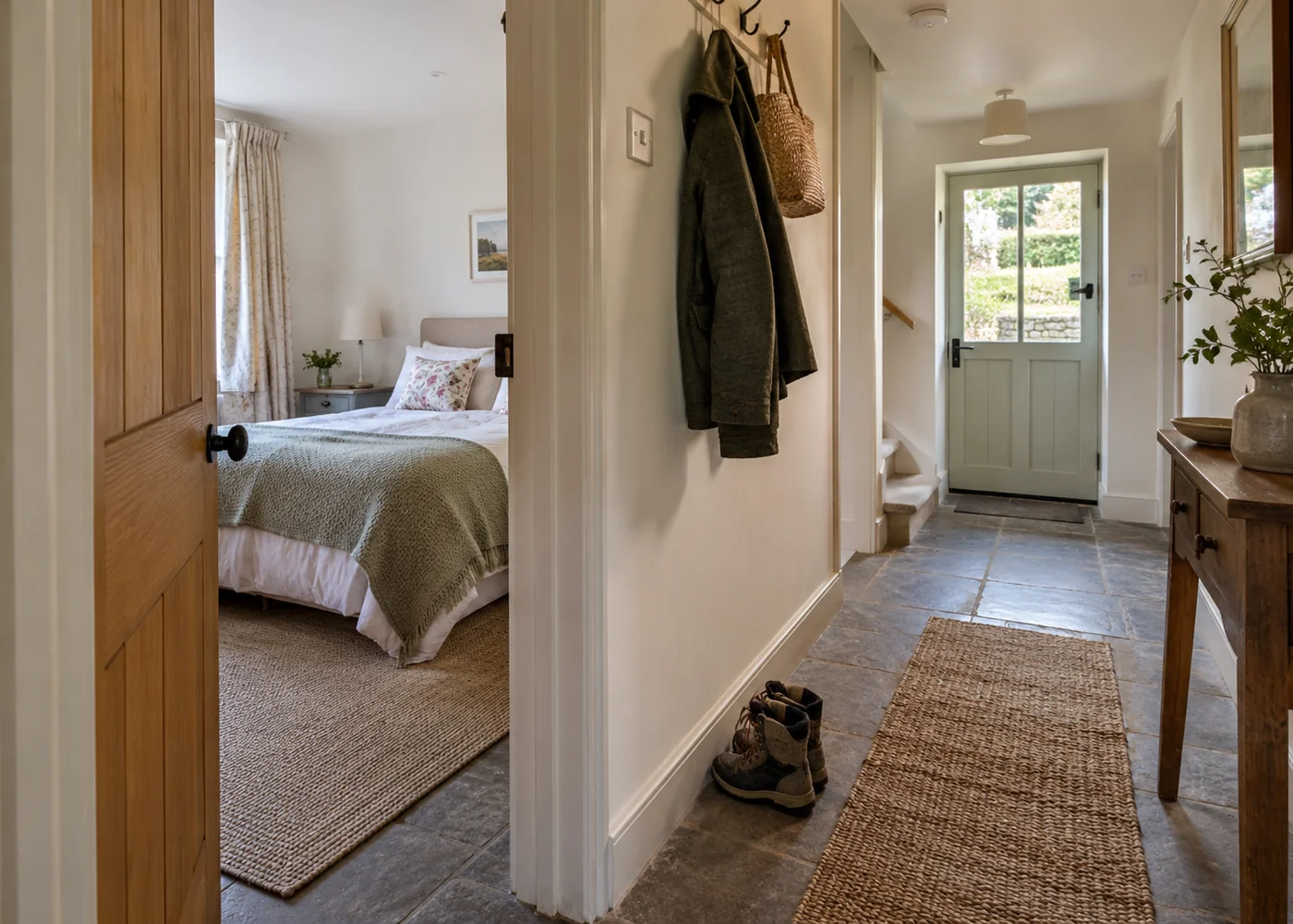 Ground-floor bedroom doorway beside a corridor.