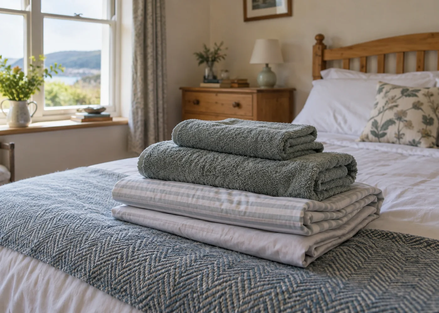 Folded towels and bed linen on a cottage bed.