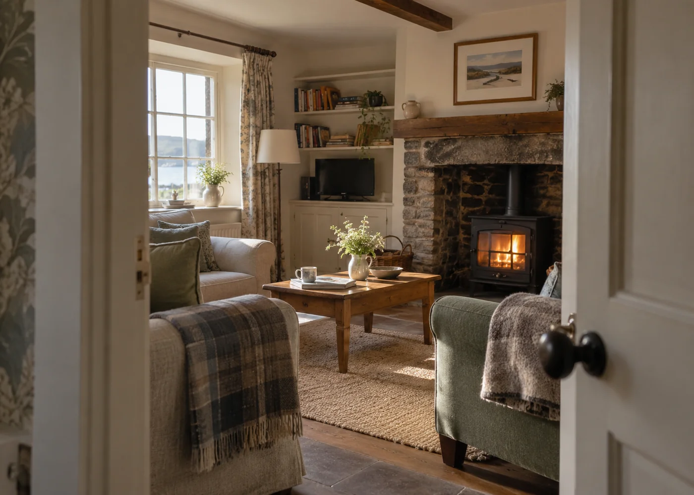 Cottage sitting room seen through a doorway.