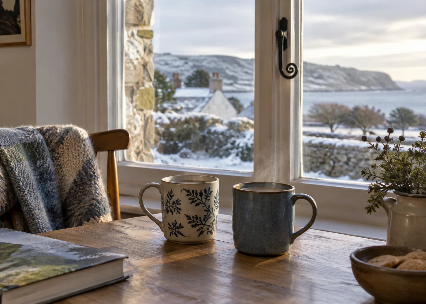 Two mugs beside a window on a winter morning.