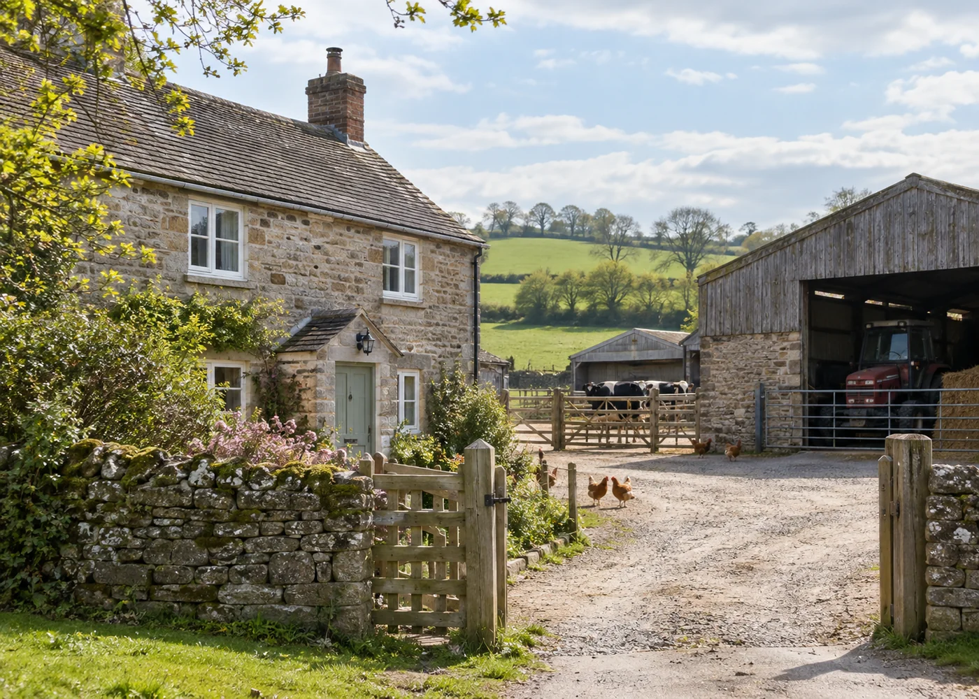Cottage near a farmyard with a barn in the background.