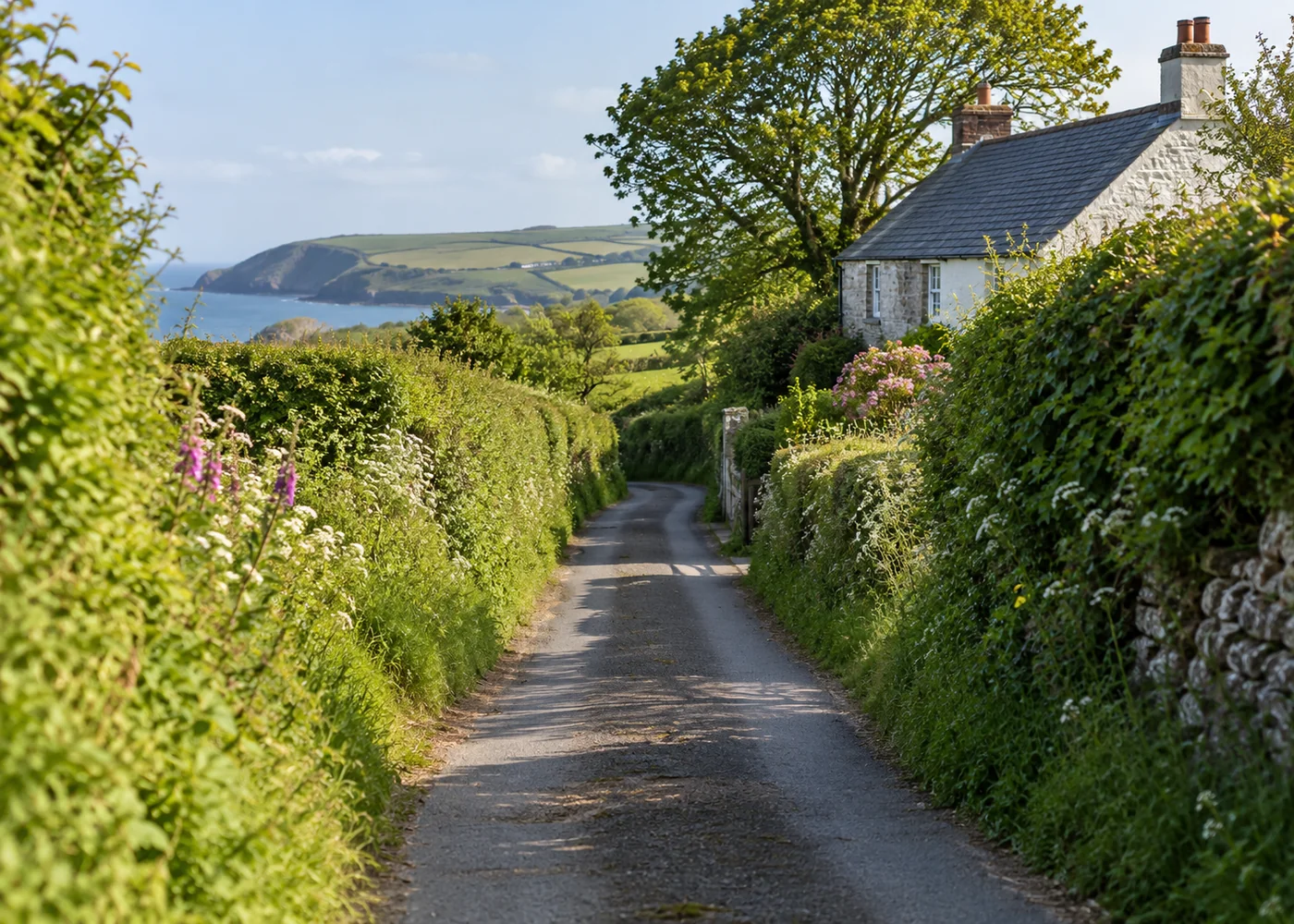 Single track country lane with hedges on both sides.