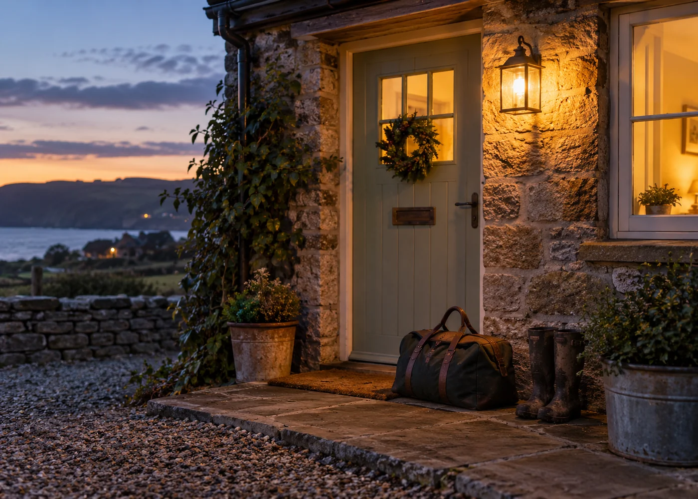 Lit cottage entrance at dusk with a travel bag.