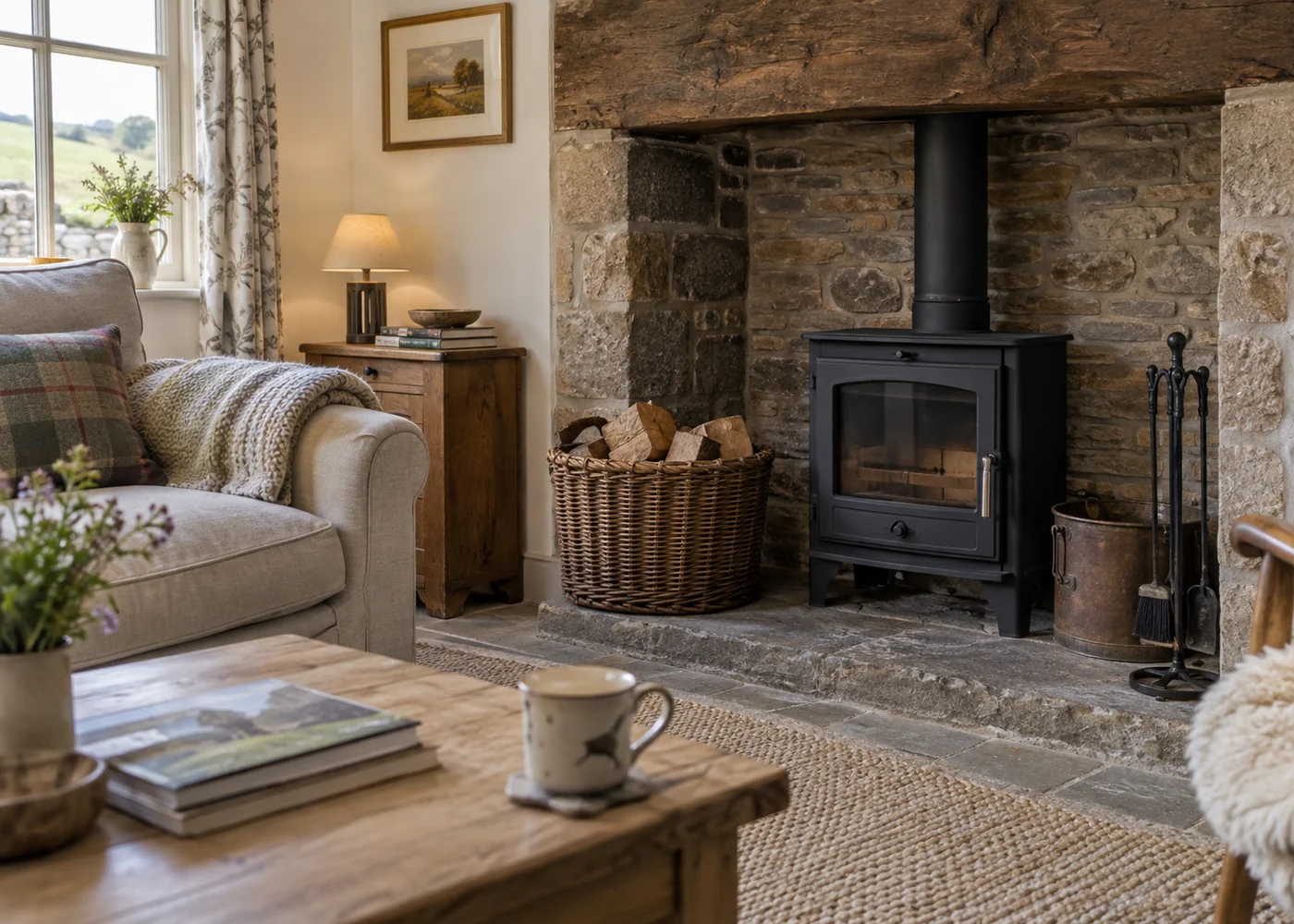 Unlit closed wood burning stove on a stone hearth.