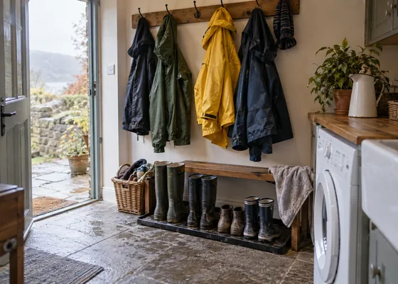 Raincoats and boots in a cottage utility room.