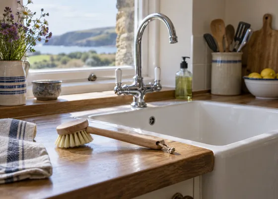 Washing up brush beside a clean kitchen sink.