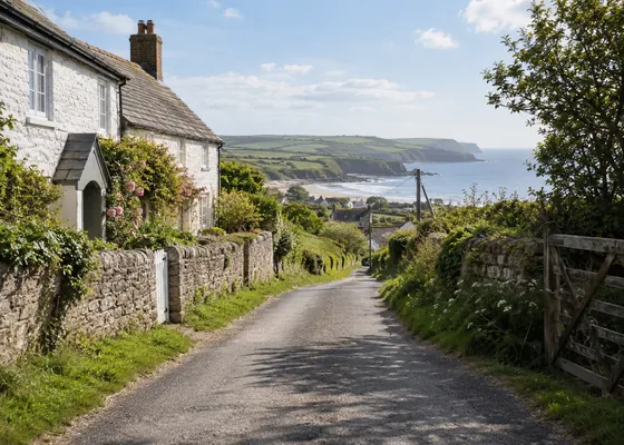 Rural lane leading towards a distant coastline.