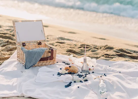 A picnic basket and blanket on the sand beside the sea.