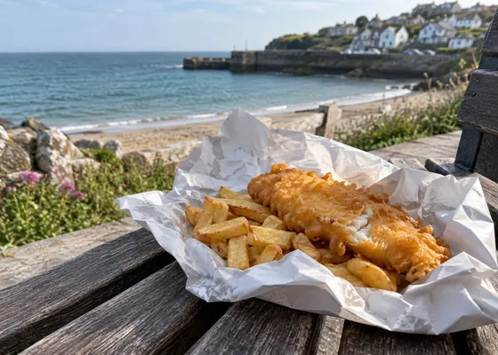 Paper parcel of fish and chips on a seaside bench.