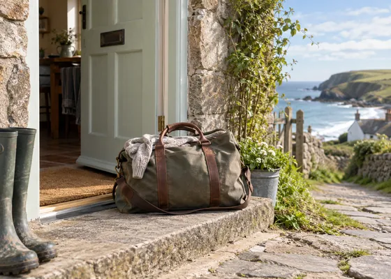 Weekend travel bag beside a coastal cottage doorway.
