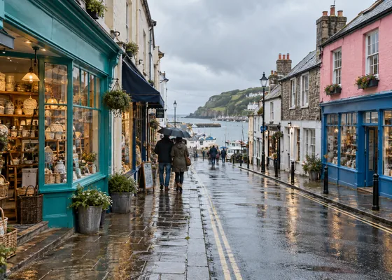 Rain-wet seaside town street with colourful shopfronts.