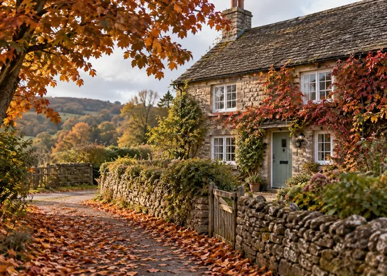 Autumn leaves around an English stone cottage.