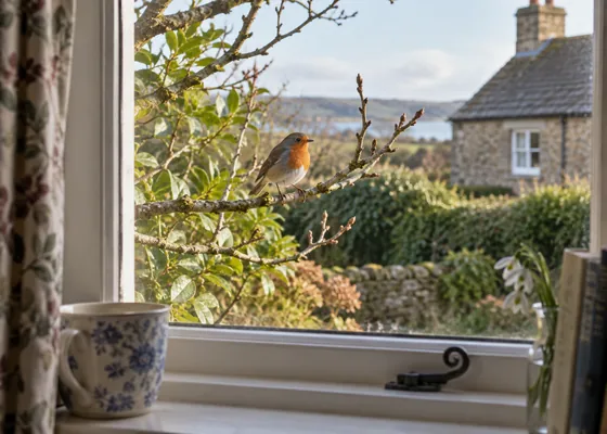 Small garden bird on a branch near a cottage window.