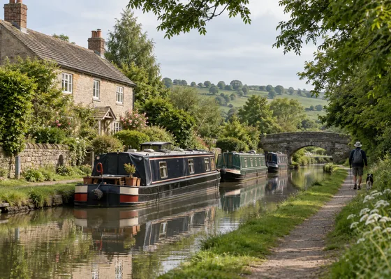 British canal towpath with moored narrowboats.