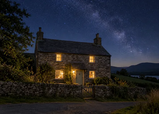 Rural stone cottage under a clear starry night sky.