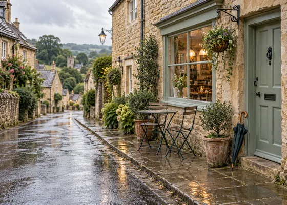 A wet village lane beside a warmly lit café window and stone cottages.