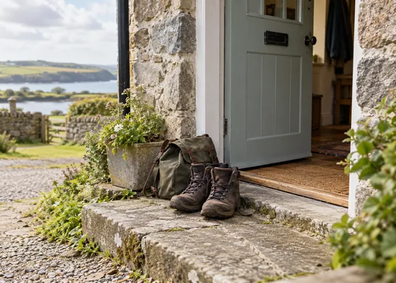 Rural cottage doorway with walking boots and a small bag.
