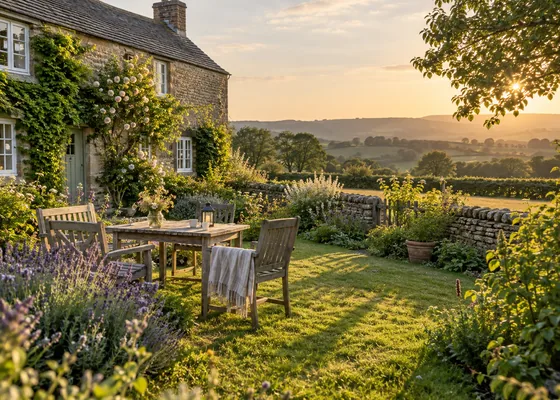 Long evening light across a country cottage garden.