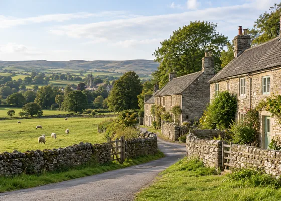 Stone cottages beside open green fields in rural England.