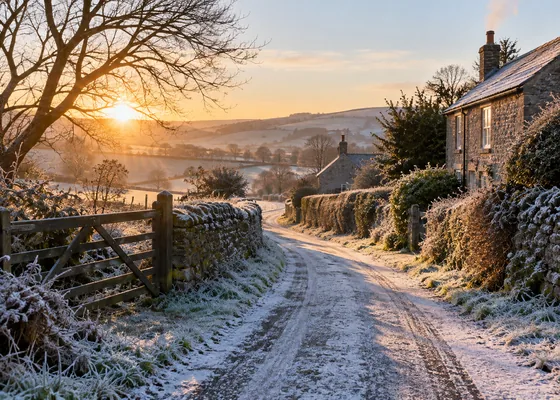 Low winter sunlight on a frost-covered rural lane.