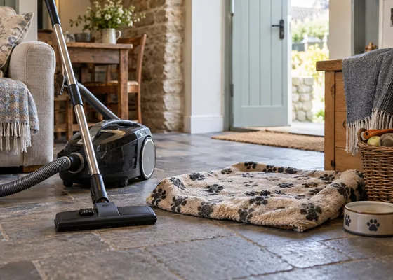 Vacuum cleaner beside a dog blanket on a floor.