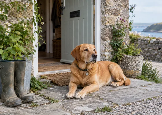 Dog resting beside a cottage doorway.